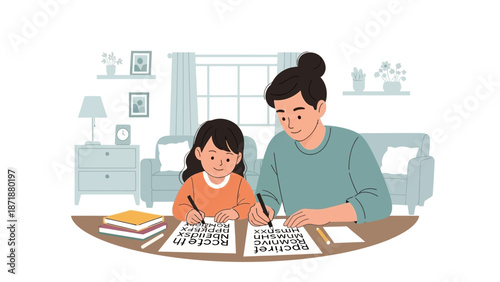 A mother assisting her daughter with homework at a table in a cozy living room