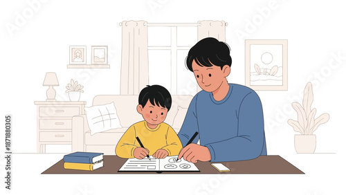 Father and son sitting together at home, drawing and writing in a relaxed indoor environment from a frontal viewpoint