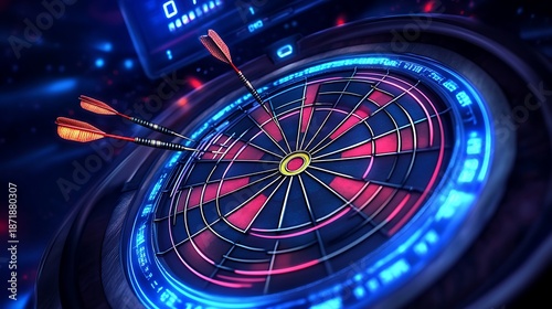 Electronic dartboard illuminated by vibrant neon blue and magenta lights showing three precision darts deeply embedded near the center for a perfect score in a digital game.