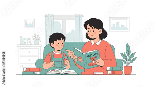A mother assists her young son with his homework on a cozy living room sofa.