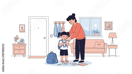 A mother assists her child in preparing for school in a cozy living room scene.