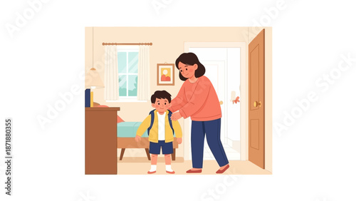 Mother helping child prepare for school in a cozy home interior
