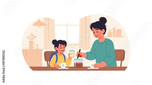 A mother assisting her child with homework at a table indoors