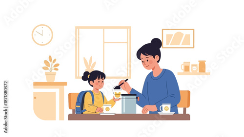 Mother and daughter enjoying breakfast together in a cozy kitchen setting with warm colors and soft lighting