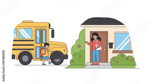 A child getting off a school bus and being greeted by a parent at the front door of a house.