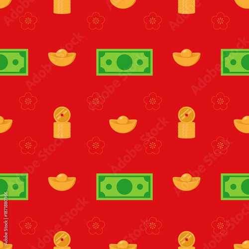 Chinese New Year seamless pattern featuring gold ingots, coins and banknotes with elegant plum blossoms on red.Oriental background for Lunar New Year.