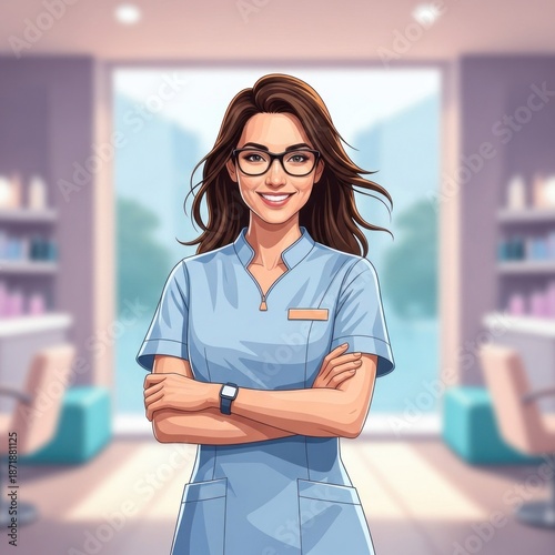 Smiling woman with glasses stands in a salon with arms crossed