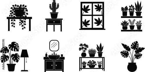 Black plant silhouettes icon set, indoor houseplant illustrations, home garden interior decor elements, potted greenery collection, botanical furniture icons for minimalist graphic design, vector