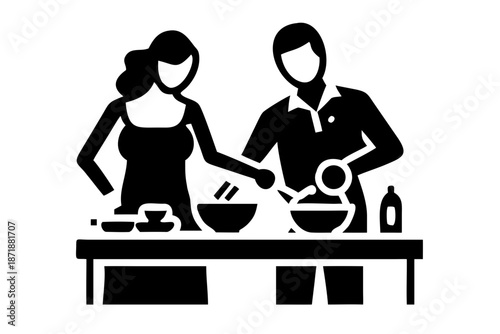 couple cooking together silhouette illustration for lifestyle and culinary design