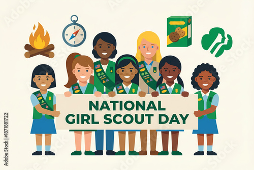 Diverse Girl Scouts celebrate National Girl Scout Day with unity and joy.