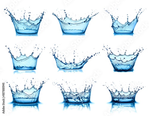 Nine distinct water crown splashes, each with unique forms and patterns, rendered in a crisp, clear style against a white backdrop