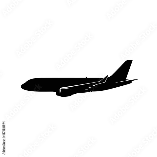 A simple black silhouette of a passenger airplane in flight