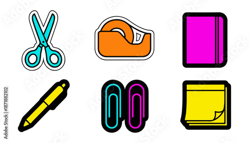 Office supplies icons collection scissors tape notebook pen paper clips sticky notes