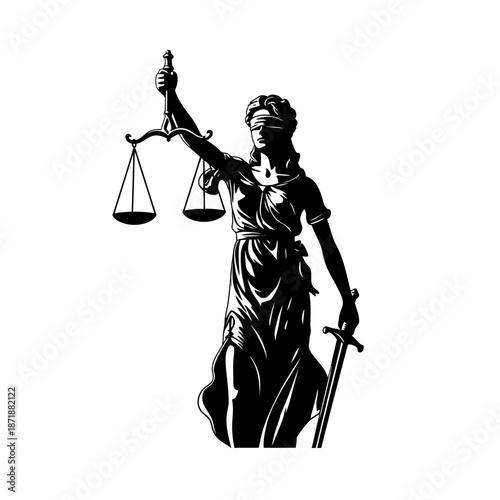 Lady justice depicted in black and white holding scales and a sword