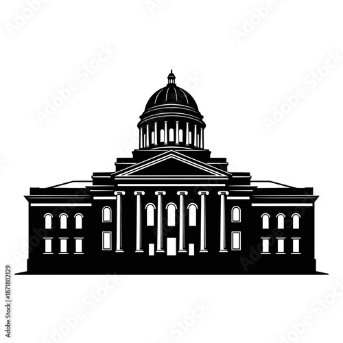 A striking black and white illustration of a classical domed building