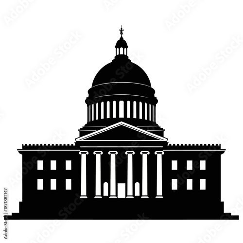 A striking black and white illustration of the united states capitol building