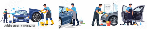 Professional car wash and detailing service process illustration set showing workers cleaning, washing, polishing, and vacuuming vehicles.