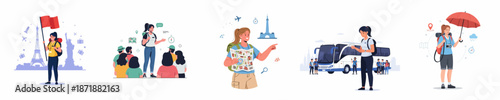 Travel and Tourism Services Vector Set: Female Guides, Backpackers, Tour Buses, and World Landmark Adventures.