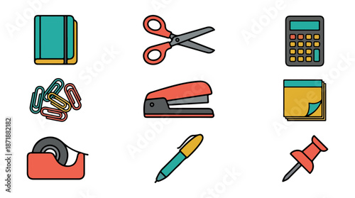 Office supplies set flat design illustration black background
