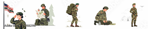 Vector set of female soldiers doing various military duties: saluting the flag, navigating with a map, hiking, and operating a drone.