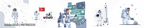 Astronauts and Space Exploration Vector Set: Mission control, planetary landing, scientific research, and rocket preparation in minimalist illustration style.