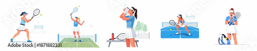 Vector illustrations of a female tennis player showing game actions like serving, hitting, resting, and preparation for competition or practice.