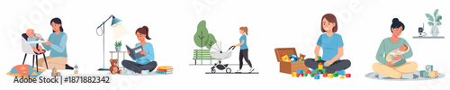 A collection of five illustrations depicting mothers engaging in daily care, playtime, reading, feeding, and outdoor activities with their babies and infants.