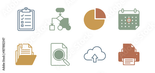 Set of business and data icons on black background