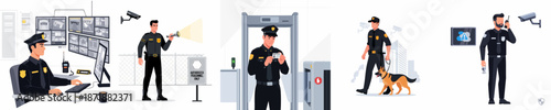 Comprehensive Security Services Illustration: Guards Monitoring CCTV, Checking Access, Patrolling with a Dog, and Communicating via Radio.