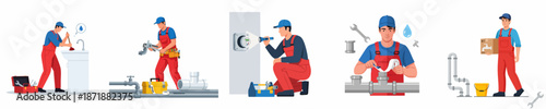 Plumber service vector set illustrating professionals performing plumbing installation, maintenance, repair, and water meter inspection tasks.