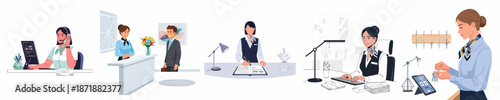 Modern Receptionist and Administrator Roles Vector Illustration Set: Professional Women Performing Customer Service, Check-in, and Office Duties.