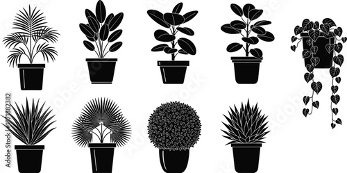 Black potted houseplant silhouettes icon set, minimalist indoor plant illustrations, botanical foliage vector collection, home garden interior decor elements for graphic design