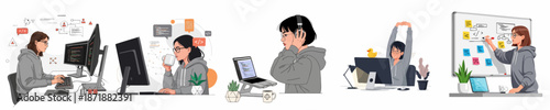 Female programmer workflow illustration set showing coding, remote work, breaks, planning, and software development processes.