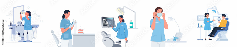 Fototapeta premium Professional Dental Clinic Workflow: Dentists Preparing Equipment, Reviewing X-Rays, and Consulting Patients in a Modern Healthcare Setting.