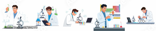Set of Illustrations Featuring Male Scientists Working in Laboratory Environments: Performing Chemical Experiments, Microscopy, and Research Analysis.