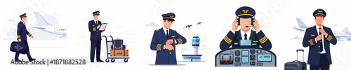 Aviation Professional Scenes: Pilot in uniform walking, checking lists, flying, and preparing for departure, flat vector illustration set.