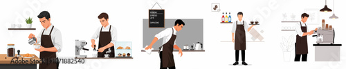Collection of flat illustrations depicting a male barista performing coffee preparation, service, and cleaning duties in a modern cafe environment.
