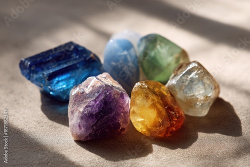 Colorful crystals on table