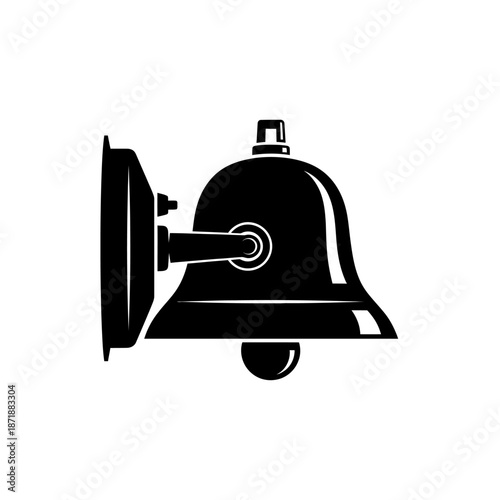 A simple black silhouette of a vintage wall mounted doorbell or alarm bell