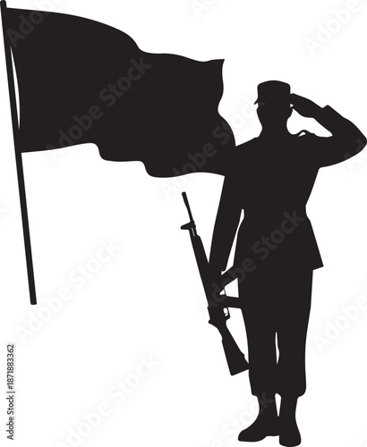 Soldier saluting flag with rifle silhouette