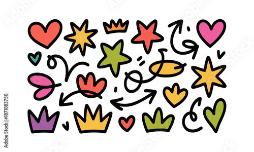 Colorful hand drawn heart doodle set vector elements  illustration, easily editable. 