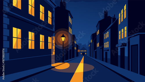 Vintage street lamp glowing on a dark street in this vector illustration