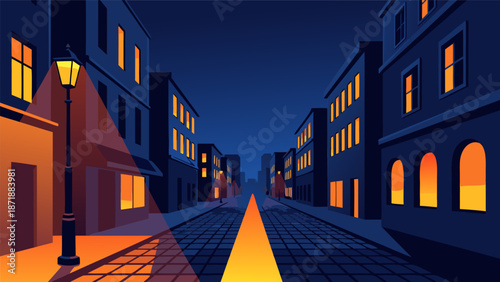 Vector illustration of a city street at night with glowing streetlights and windows