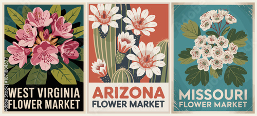 Retro-style triptych featuring West Virginia, Arizona, and Missouri state flowers with bold colors vintage textures and mid-century design.