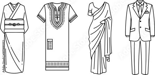 Collection of Traditional and Formal Attire Illustrations.