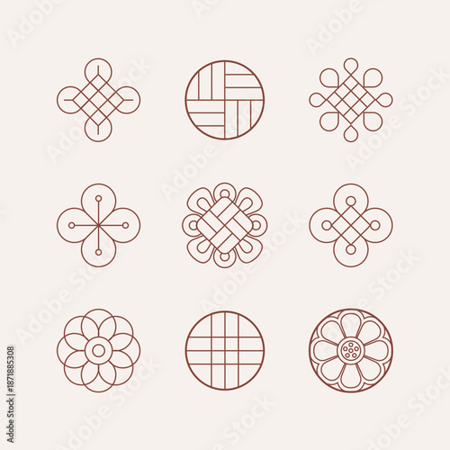 Set of traditional Korean patterns. Illustrations of traditional East Asian decorative icons.