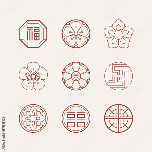 Set of traditional Korean patterns. Illustrations of traditional East Asian decorative icons.