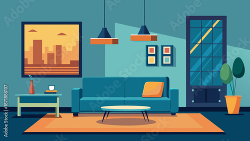 Modern living room with blue sofa Vector