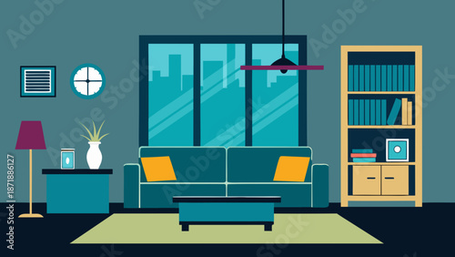 Modern living room with blue sofa Vector