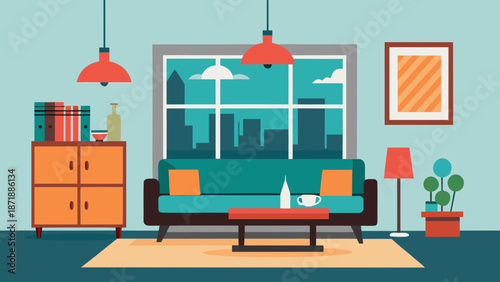 Modern living room with city view Vector